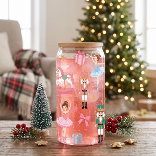 Nutcracker Christmas Glass Cup with Lid and Straw - Holiday Gift - Variation of Nutcracker 367