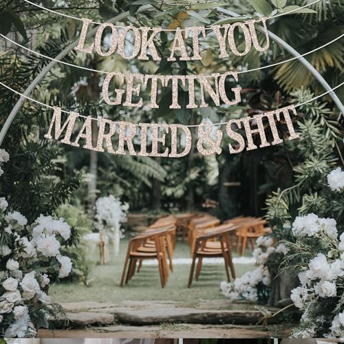 GREABRRY Champagne Glitter Wedding & Bachelorette Banner - 9ft Just Married Decor