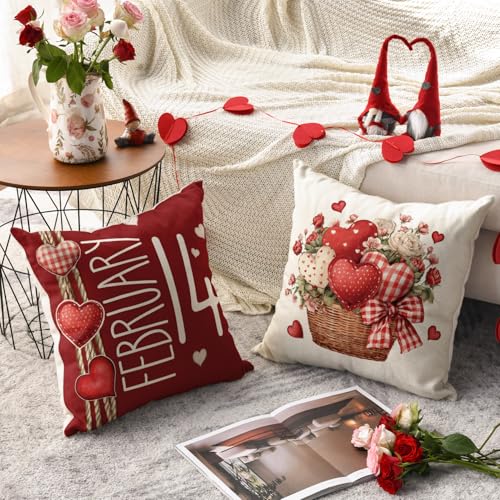 Valentine's Day Throw Pillow Covers 18x18 Inch, Set of 4 Heart Decor