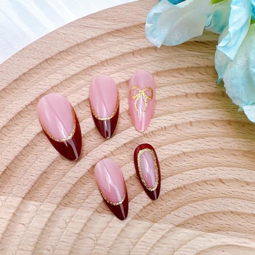 Red French Tip Press on Nails Medium Almond with Gold Bow & Glitter
