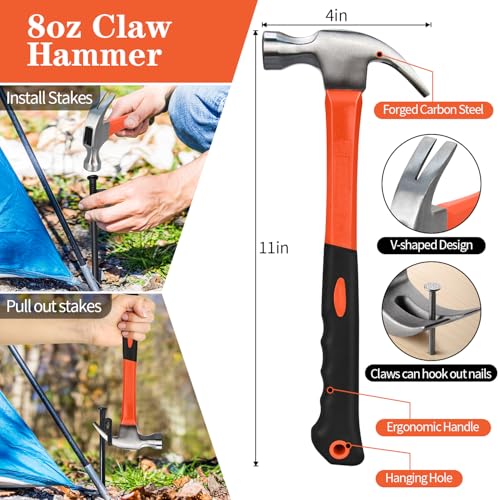 8 Pack 8in Heavy Duty Forged Steel Tent Stakes and Hammer Set, with Storage Pouch, Available in Rocky Place