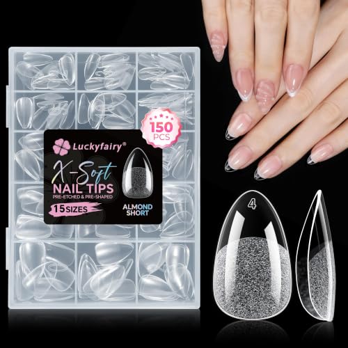 Luckyfairy Short Almond X-Soft Gel Nail Tips 150pcs Pre-Etched