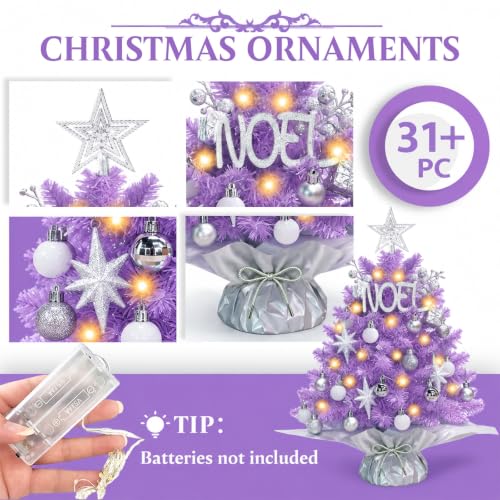 Purple Mini Christmas Tree with Lights - Small Artificial Holiday Decor