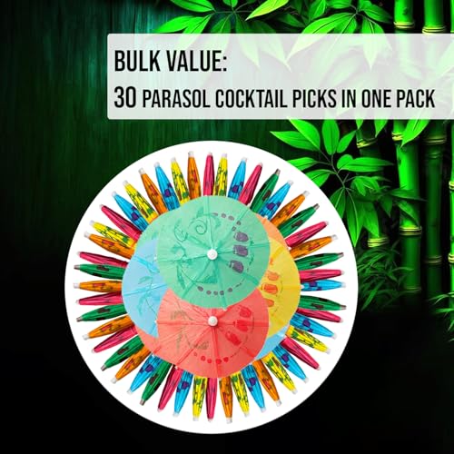 Bamboo Cocktail Umbrella Picks - 30 Pack Colorful Parasol Drink Toppers
