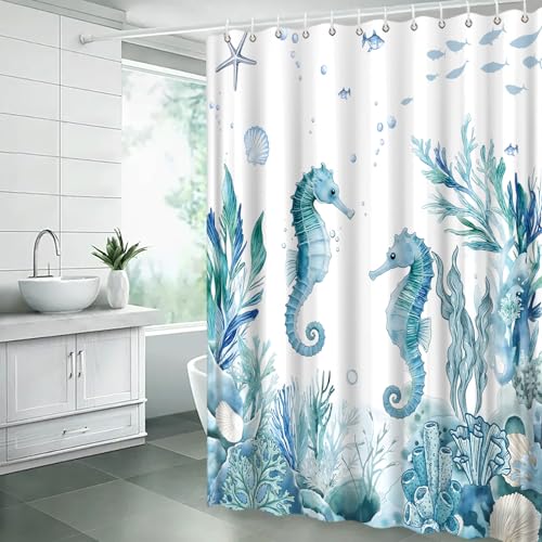 Coastal Seahorse Shower Curtain 70x70 Inch with Hooks