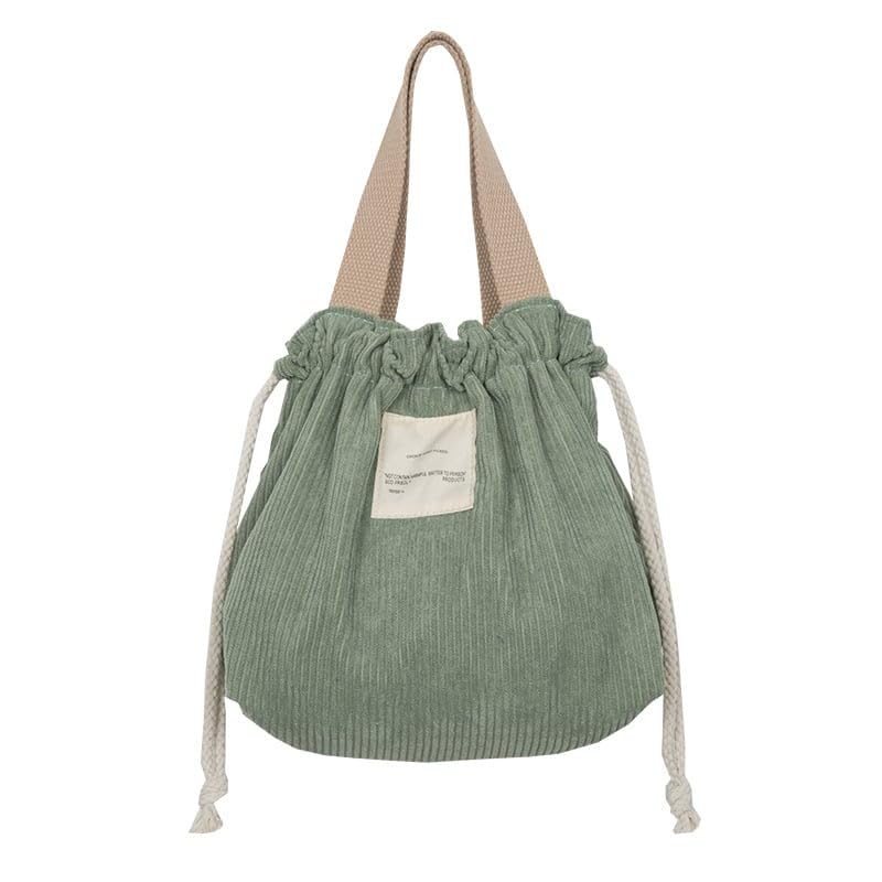 Green Portable Drawstring Corduroy Bento Lunch Bag - Insulated