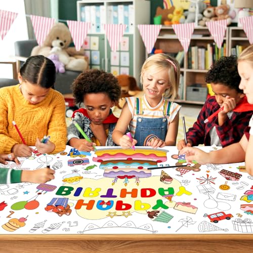 QISOLIY Happy Birthday Coloring Tablecloth, 31 x 71 Inch Giant Paper Poster for Kids Party