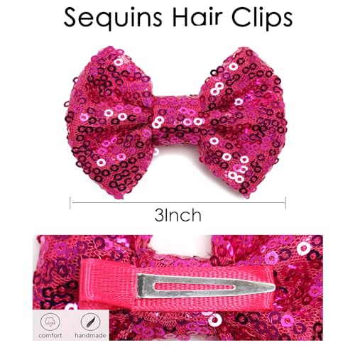 KISZU 3 Inch Glitter Hair Bows Clips Sparkling Sequin Hairpins Rose Red