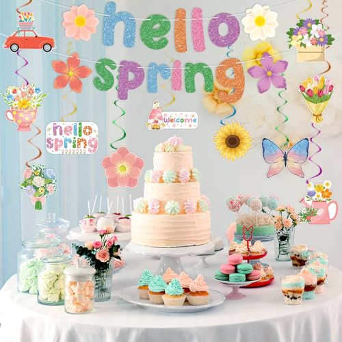 Hello Spring Decorations Set - Banner, Flowers & Butterfly Swirls