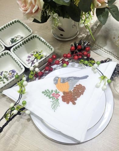 Christmas Bird & Pine Embroidered Cloth Napkin Set of 6 - 20x20 Cotton Table Linens with Hemstitch Details - Holiday & Daily Use