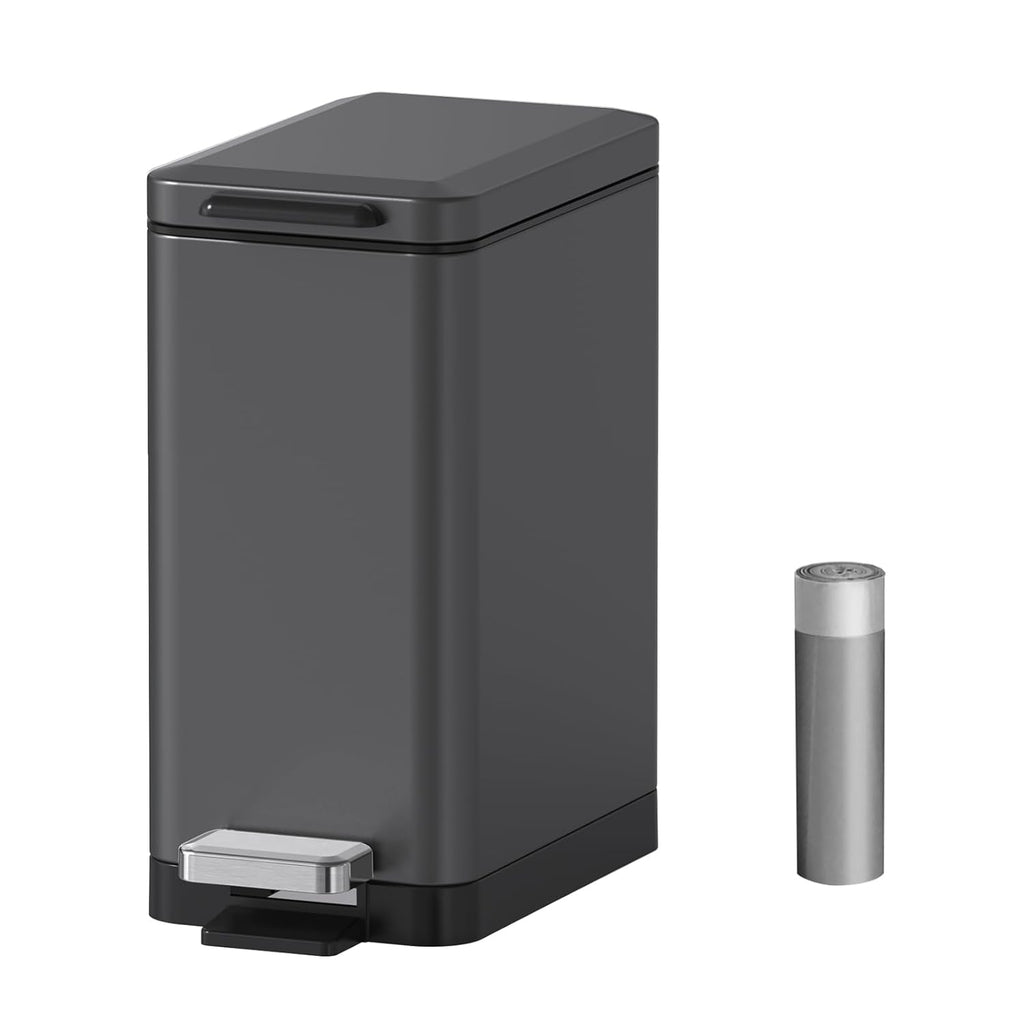 Mbillion Slim Stainless Steel Bathroom Trash Can - 10 Liter Soft Close Step Pedal | Dark Grey Wastebasket