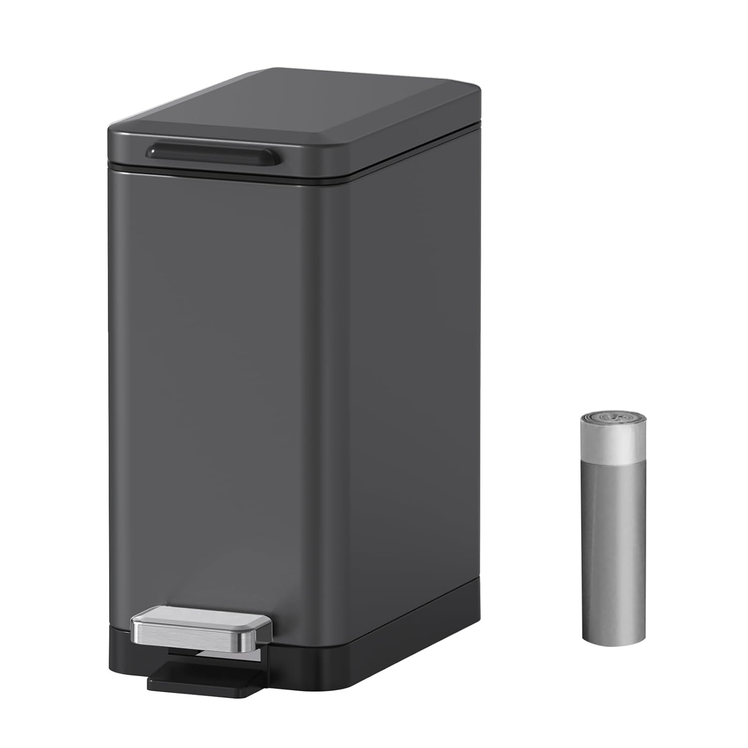 Mbillion Slim Stainless Steel Bathroom Trash Can - 10 Liter Soft Close Step Pedal | Dark Grey Wastebasket