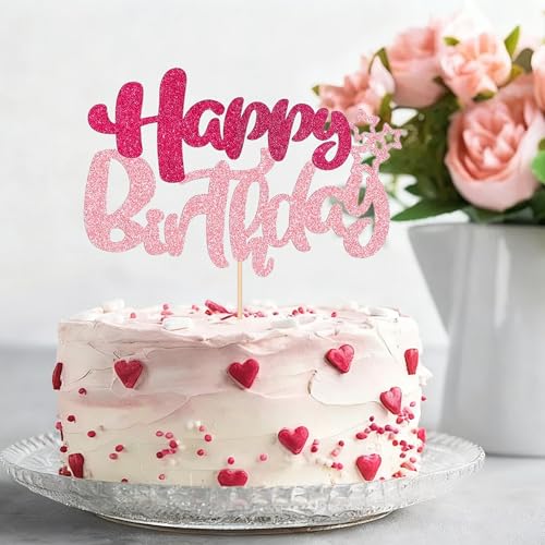 Pink Glitter Happy Birthday Cake Topper for Girls - 5.6x3.5in