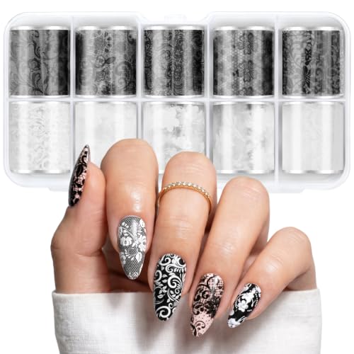 MelodySusie Lace Nail Foil Transfer Stickers - 10 Rolls Black and White