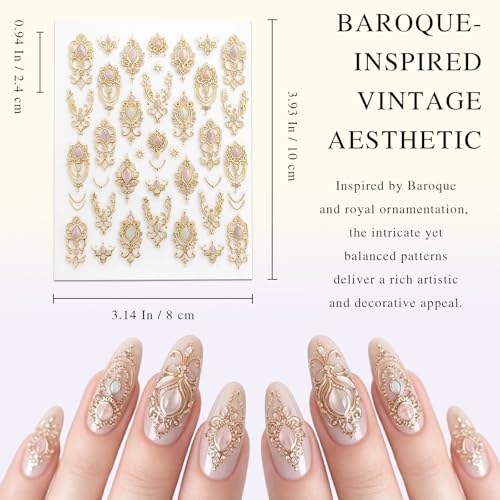 Gmlawsc Embossed Gold Gemstone Nail Stickers Vintage Baroque Decals