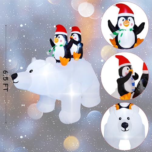 6.5 Foot Tall Christmas Inflatable Penguins on Polar Bear with LED Lights Outdoor Indoor Holiday Decoration - Penguins on Polar Bear Variant