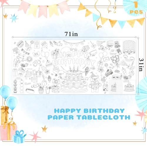 QISOLIY Happy Birthday Coloring Tablecloth, 31 x 71 Inch Giant Paper Poster for Kids Party