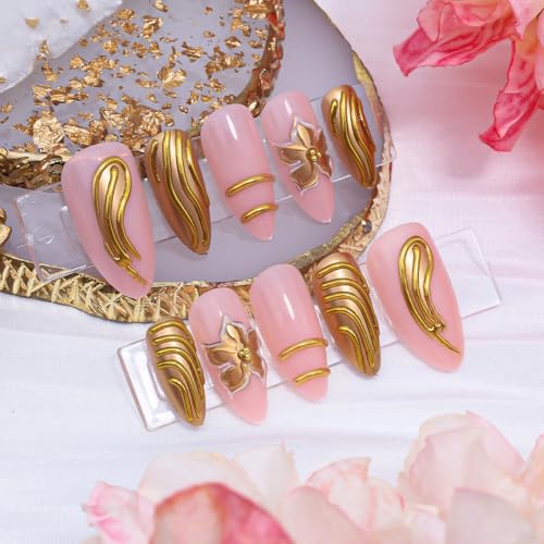 Gold Flower Press on Nails Medium Almond Fake Nails 3D Gold Lines