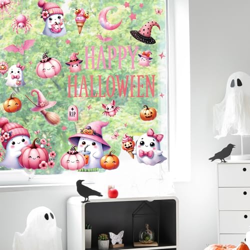 Whaline Halloween Window Clings - 9 Sheets Pink Ghost & Bat Decor