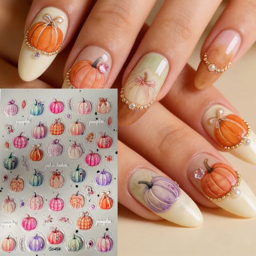 Fall Nail Stickers 5D Gold Foil Maple Leaf & Pumpkin Decals 4pcs