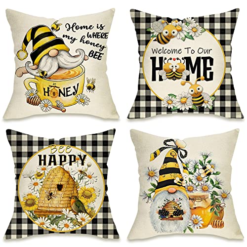 Bumble Bee Gnome Decorative Throw Pillow Covers 18x18 (Set of 4)