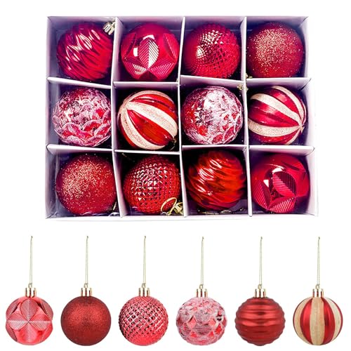 12 Pack Red Christmas Tree Ornaments 2.4 Inch Shatterproof Holiday Decoration