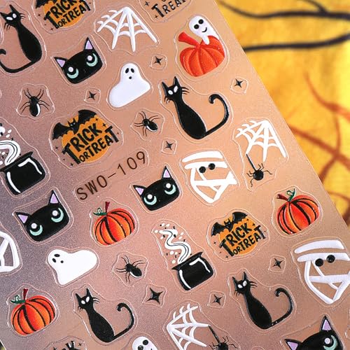 5D Embossed Halloween Nail Stickers Ghost Black Cat Nail Decals 4 Sheets