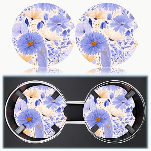 Ceramic Car Cup Holder Coasters Set of 2 - Purple Flower Design