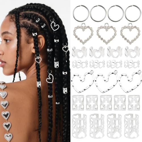 106 Pcs Silver Heart Hair Jewelry Clips Metal Cuffs for Braids Locs