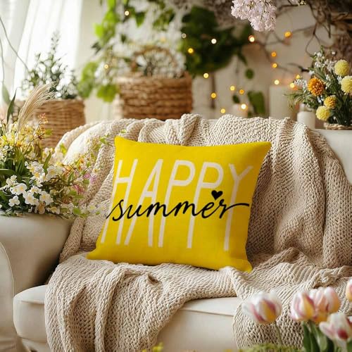 GSRONY Summer Beach Throw Pillow Cover 18x18 Inch Yellow Heart Print Cotton Linen