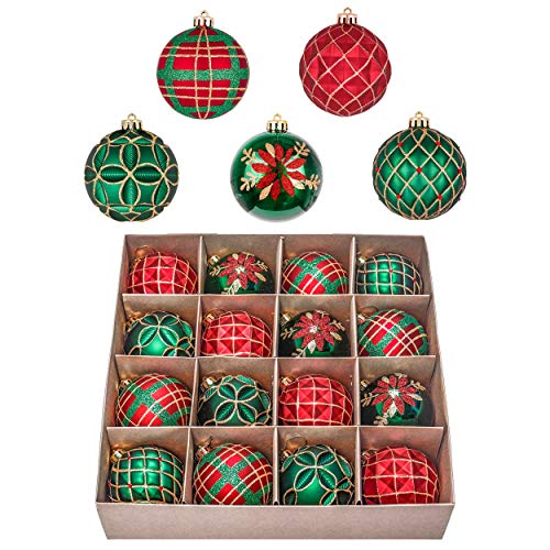 Christmas Tree Ornaments Set - Red Green Gold Large 3.2 Inch - 16pcs Holiday Decor