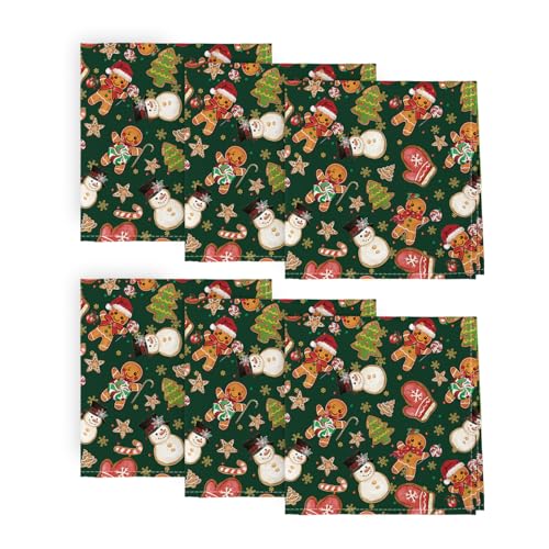 Christmas Cloth Napkins 18x18 Inch Set of 6 - Green Gingerbread Snowman Holiday Decor