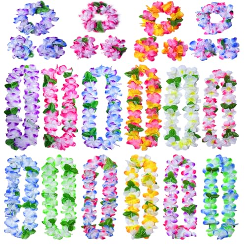 FreshDear Hawaiian Leis Set - 12 Necklaces, 4 Headbands, 8 Wristbands for Luau & Summer Parties