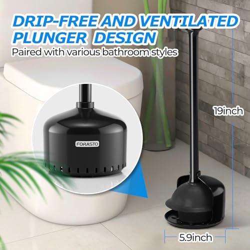 FORASTO Heavy Duty Toilet Plunger with Holder - Black