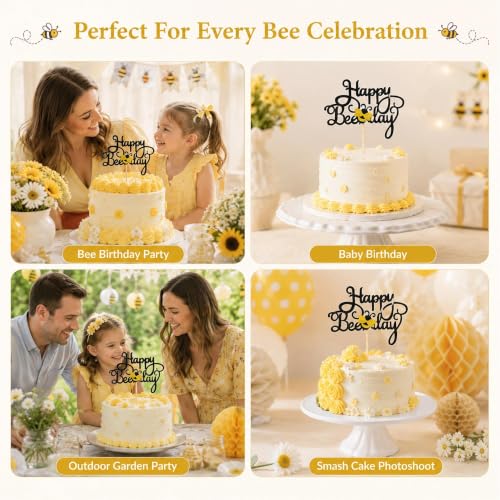 Happy Bee Day Cake Topper - Black Glitter Bumble Bee Decoration