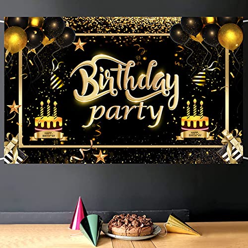 Black and Gold Happy Birthday Backdrop Banner - 70.8 x 47.2 inches