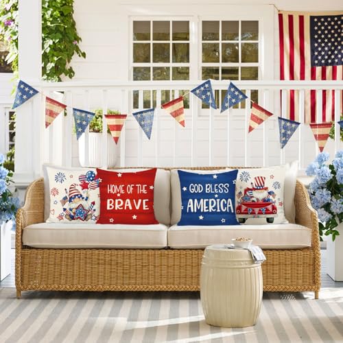 Independence Day Throw Pillow Covers Set of 4 - 18 x 18 Inch Gnome Truck Flag Design