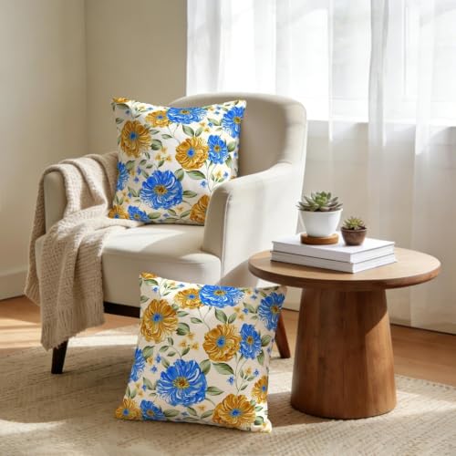 Weiscode 18x18 Floral Throw Pillow Covers - Blue & Yellow Farmhouse Set of 2
