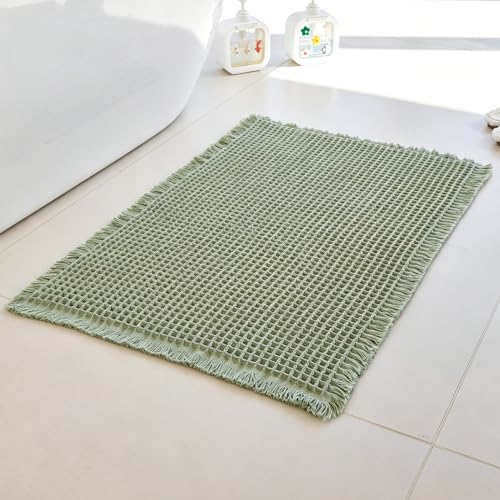 Eanpet Waffle Green Bath Rug, Non-Slip Absorbent Boho Mat 17.3" x 23.6"
