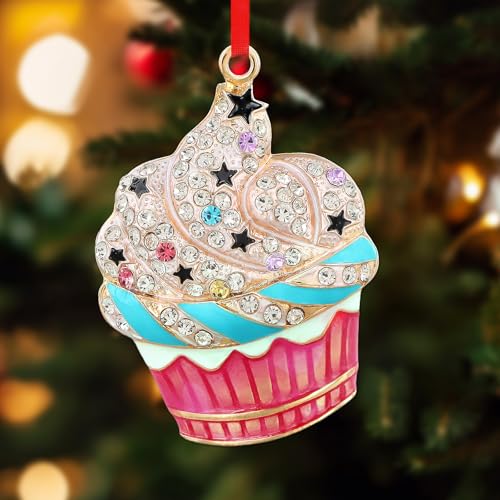 Pink Cupcake Christmas Ornament - Metal Glitter Dessert Holiday Decor - Variation A-Pink