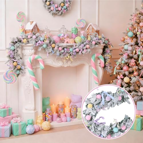 Pastel Christmas Garland Decoration 6.5ft Flocked Pine with Pink Blue Balls - Pastel Ball Variation