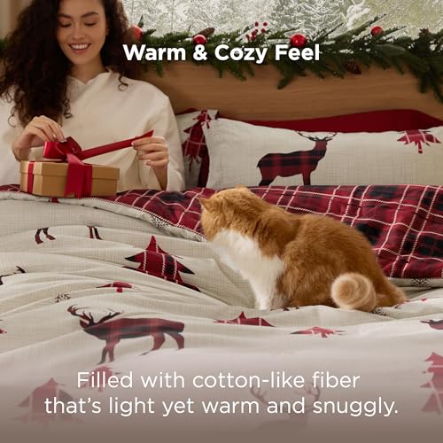 Bedsure Christmas Comforter Set Queen - Red Reindeer 3-Piece, Reversible