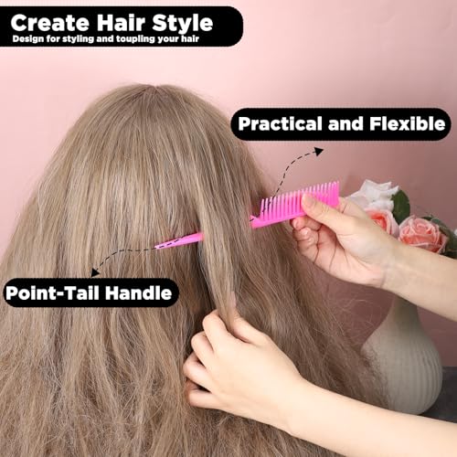 3 Row Hair Comb Set with Rat Tail Handle, Rose Pink Detangling Styling Tool, 2PCS