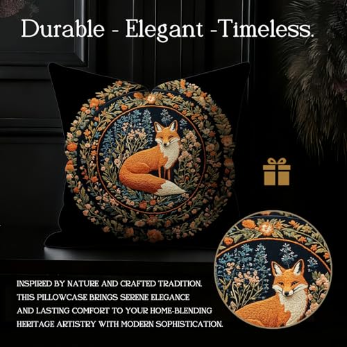 William Morris Inspired Red Fox Floral Pillow Cover - 18x18 Inch