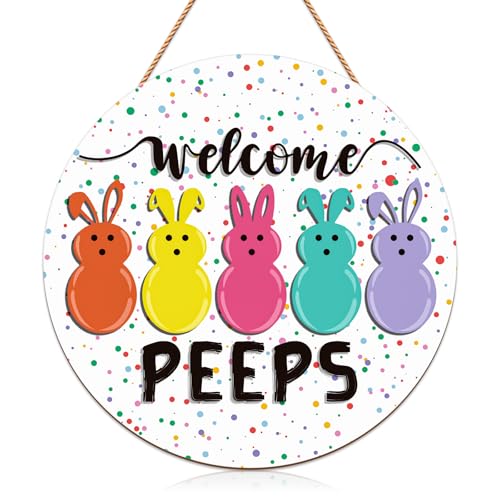 Wooden Welcome Peeps Bunny Door Hanger - Easter Decor Sign