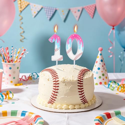 Number 10 Baseball Birthday Candle with Realistic Ice Cream Drip Design