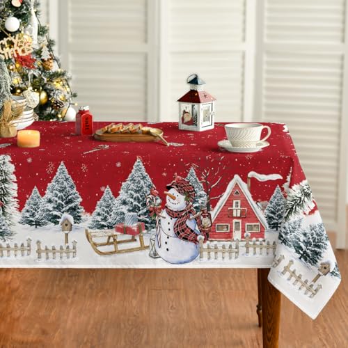 Christmas Tablecloth 60x84 Inch Snowman House & Trees Red Washable Holiday Decor