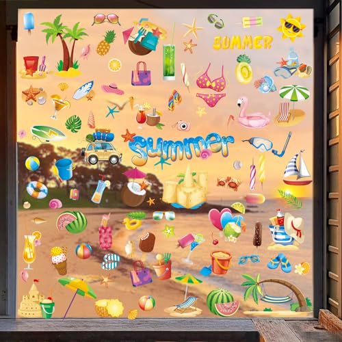 134 PCS Summer Hawaiian Window Clings - Double-Sided PVC Decor