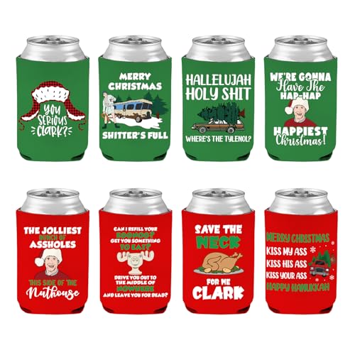 Funny Christmas Beer Can Coolers - 8 Pcs Holiday Beverage Sleeves, Reusable Neoprene Can Holders