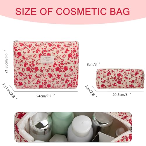 Gosect 2PC Floral Makeup Bag Set Cute Cotton Toiletry Organizer